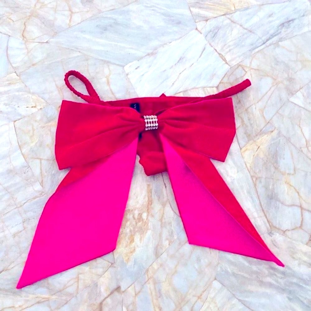 Rare VS Satin V-string Thong Panties Bow Vintage‎ Silky Pink /Red Crystal Medium